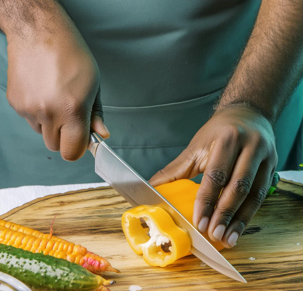 person cutting yellow capsicum using chef's knife - bladesjournal