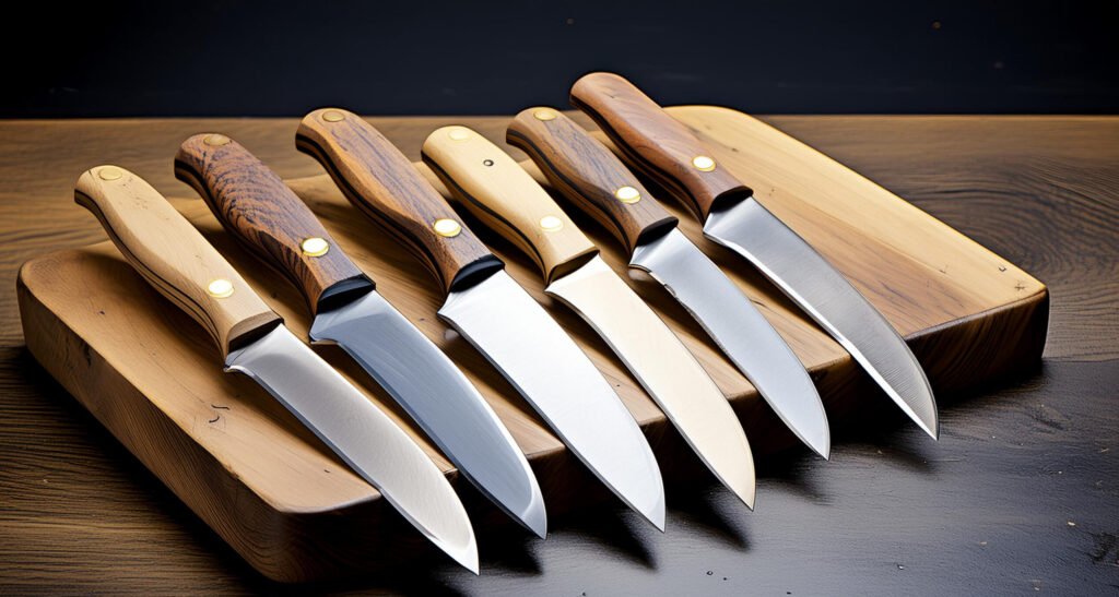 Various boning knives arranged neatly on a chopper board - bladesjournal