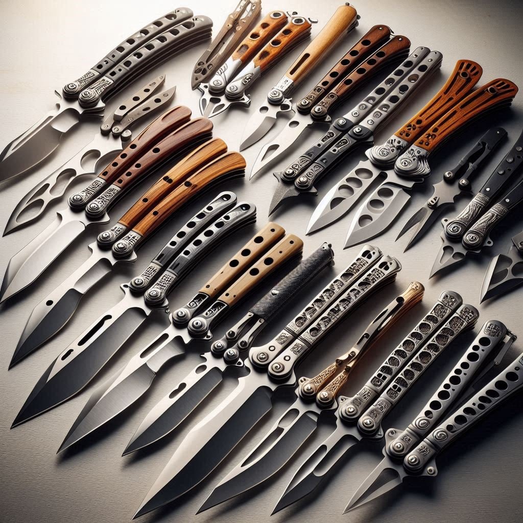 Various butterfly knives arranged on a table - bladesjournal