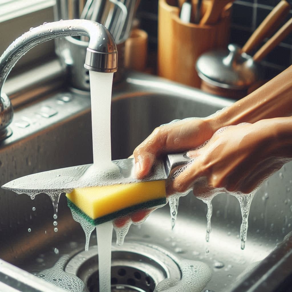 washing knife with water and scrubber - bladesjournal