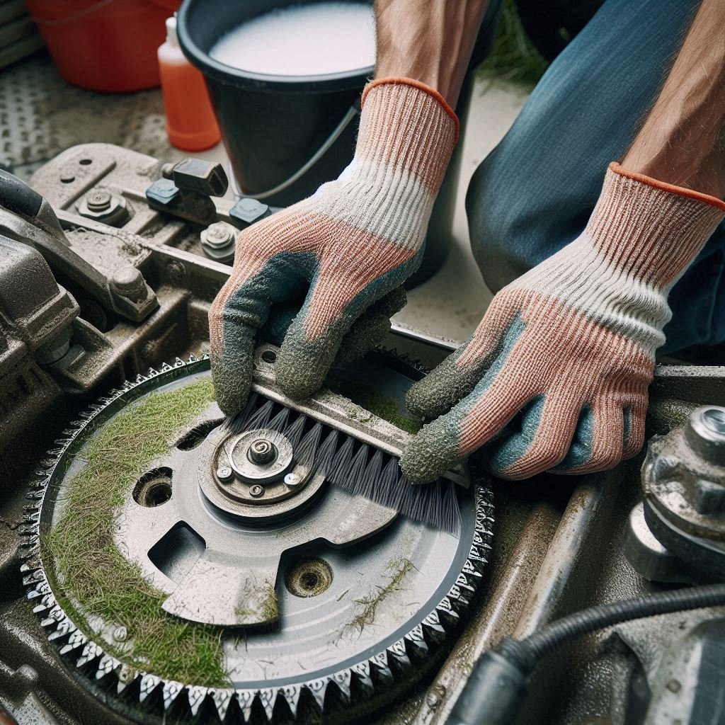 Cleaning of lawn mover blade using brush - bladesjournal