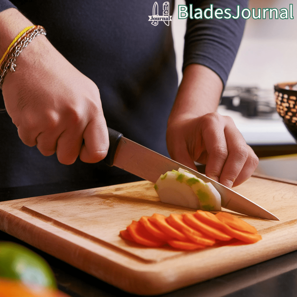 slicing vegetable using a santoku knife - bladesjournal