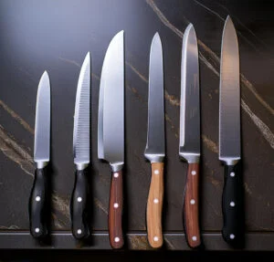 a paring knife, a utility knife, a boning knife, and a fillet knife kept on the table