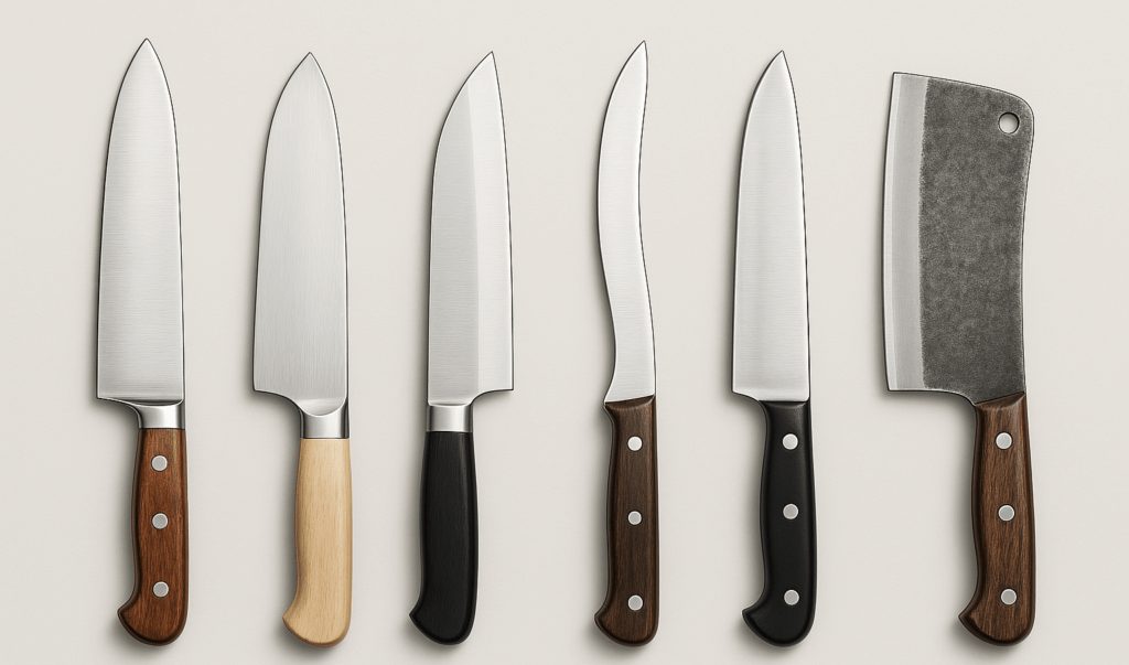 Various butcher knife includnig boning knife, paring knife, carving knife, utility knife, fillet knife, cleaver, scimitar, chef's knife