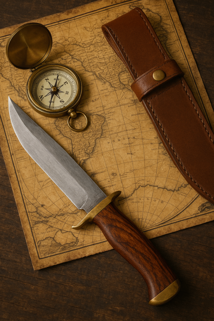 Bowie knife placed near vintage map and compass Bowie knife placed near vintage map and compass