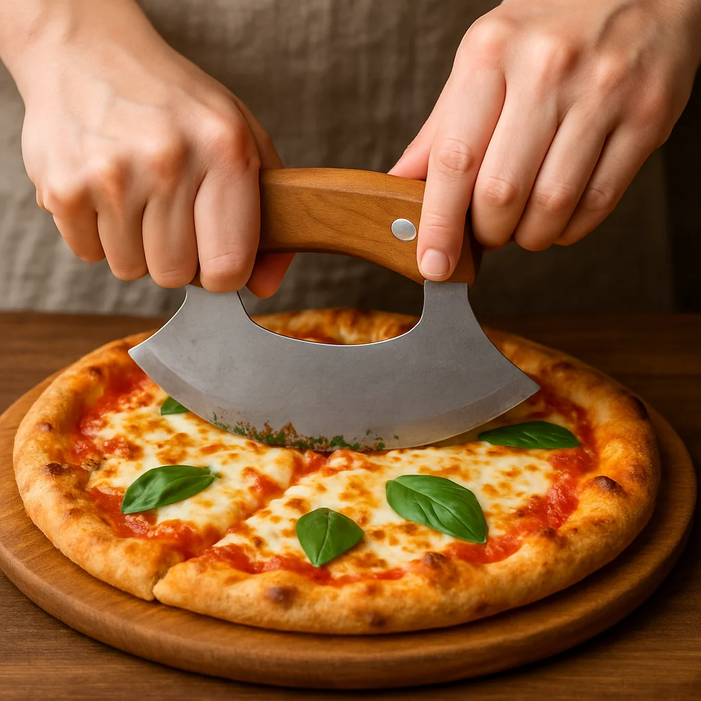 Ulu knife used in cutting of pizza Ulu knife used in cutting of pizza