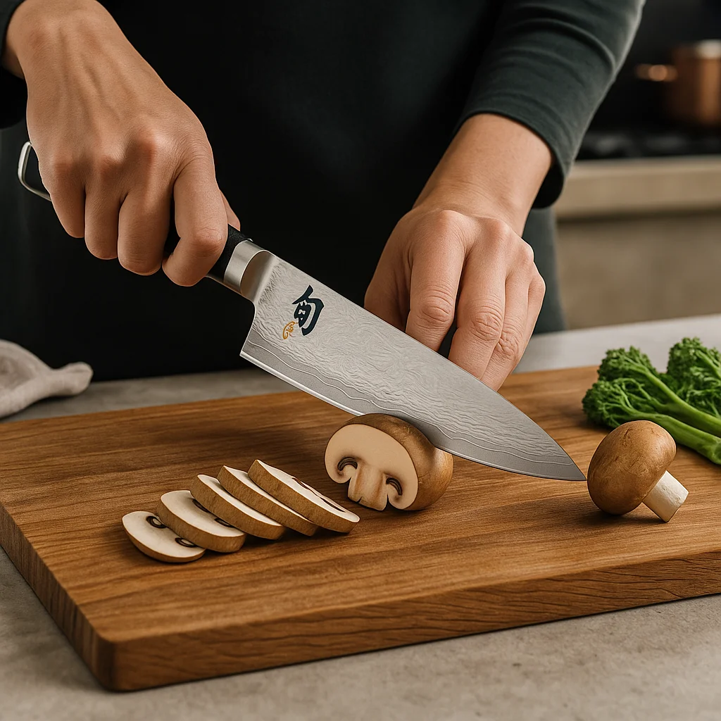 person cutting mushroom using shun knife shun knife in action