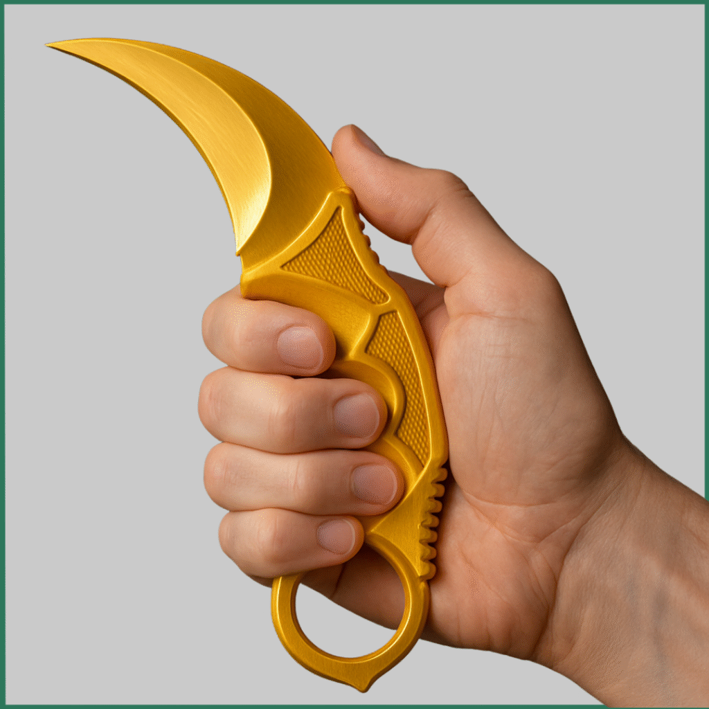 person holding a golden color karambit knife person holding a golden color karambit knife
