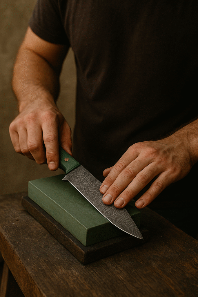 sharpening of Damascus Steel knife using sharpen stone sharpening of Damascus Steel knife using sharpen stone