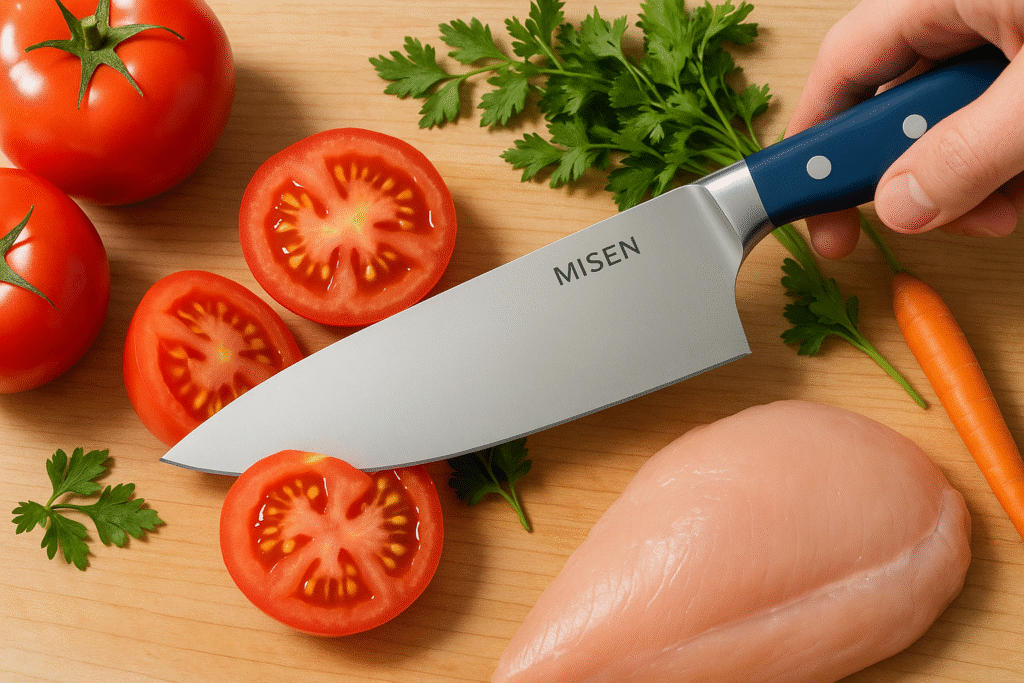 Misen knife cutting the tomatoes