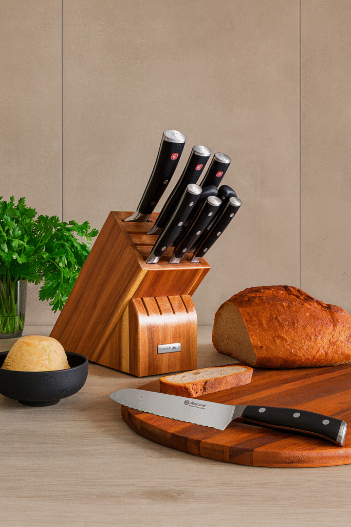 set of Wüsthof knife placed on kitchentop